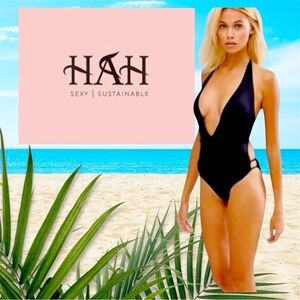 NWT-WE ARE HAH Black Halter One-Piece V PLUNGE TIE UP SWIMSUIT/BODYSUIT